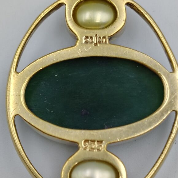 Vintage Sajen Sterling Silver 925 Vermeil Jade/Nephrite Baroque Pearl Pendant - Picture 10 of 13